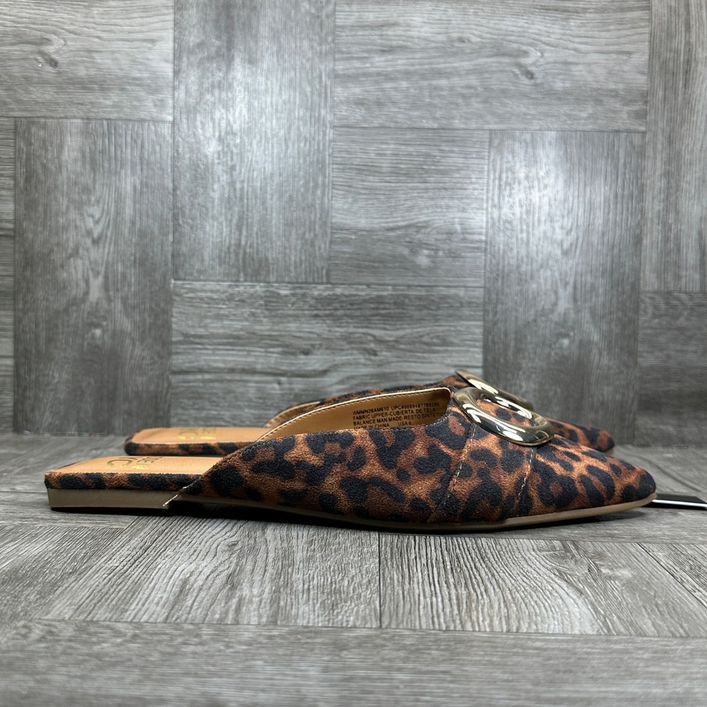 Madden NYC Mules Women 6 Leopard Print Pointed Toe Gold Buckle Flats NEW